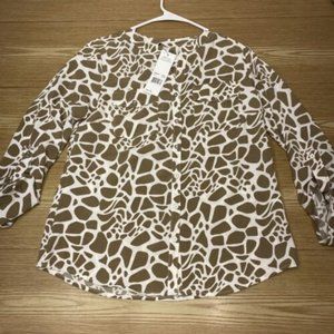 NY Collection Animal Print Blouse Roll Tab Sleeve Top Long Sleeve Petite Women M